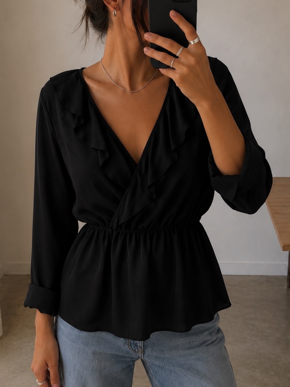 A.P.C. Black Silk Ruffle V-neck Wrap Blouse